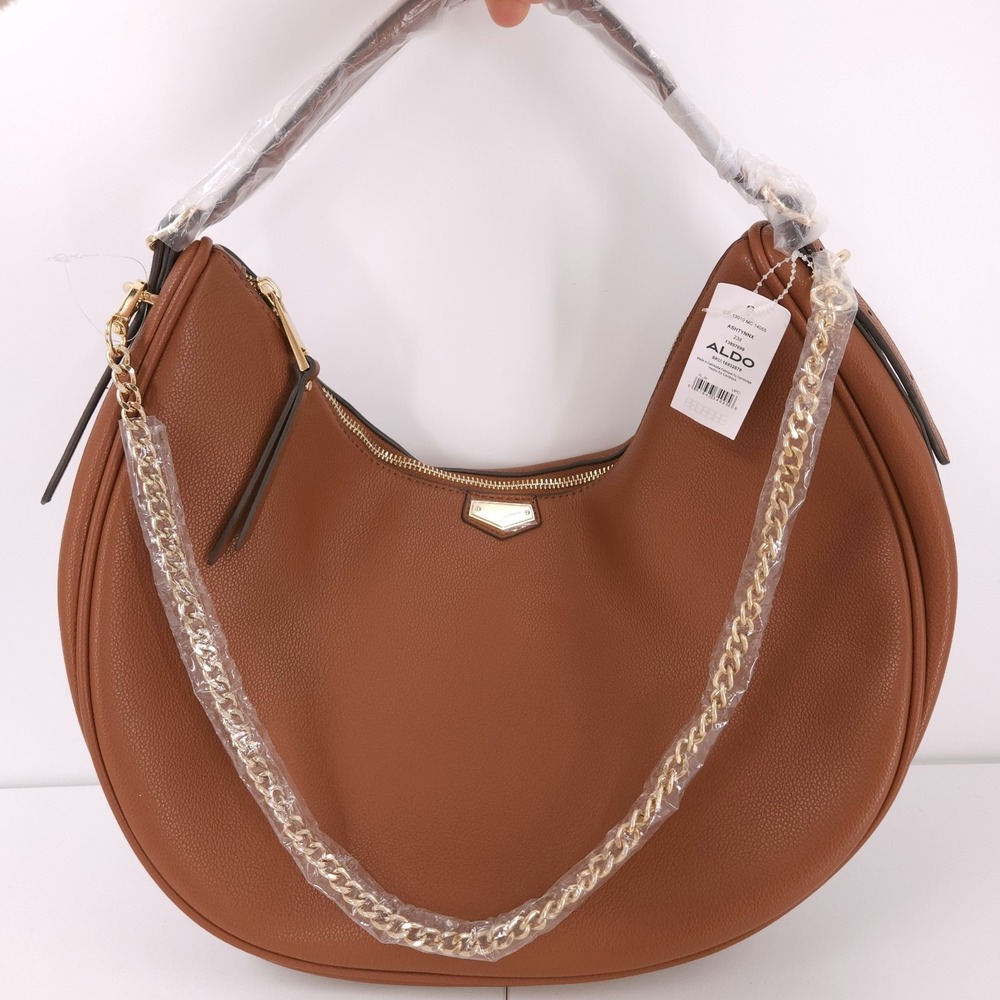 Aldo‎ Ashtynnx Medium Shoulder Chain Strap Brown Cresent Handbag Purse Zip Top